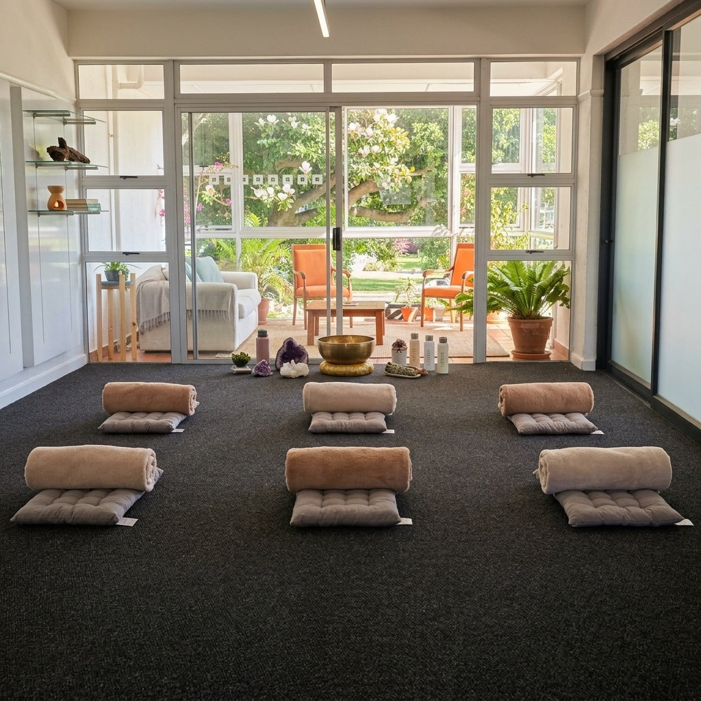 Breathwork session setup at Source Wellness — cushions, crystals and singing bowl