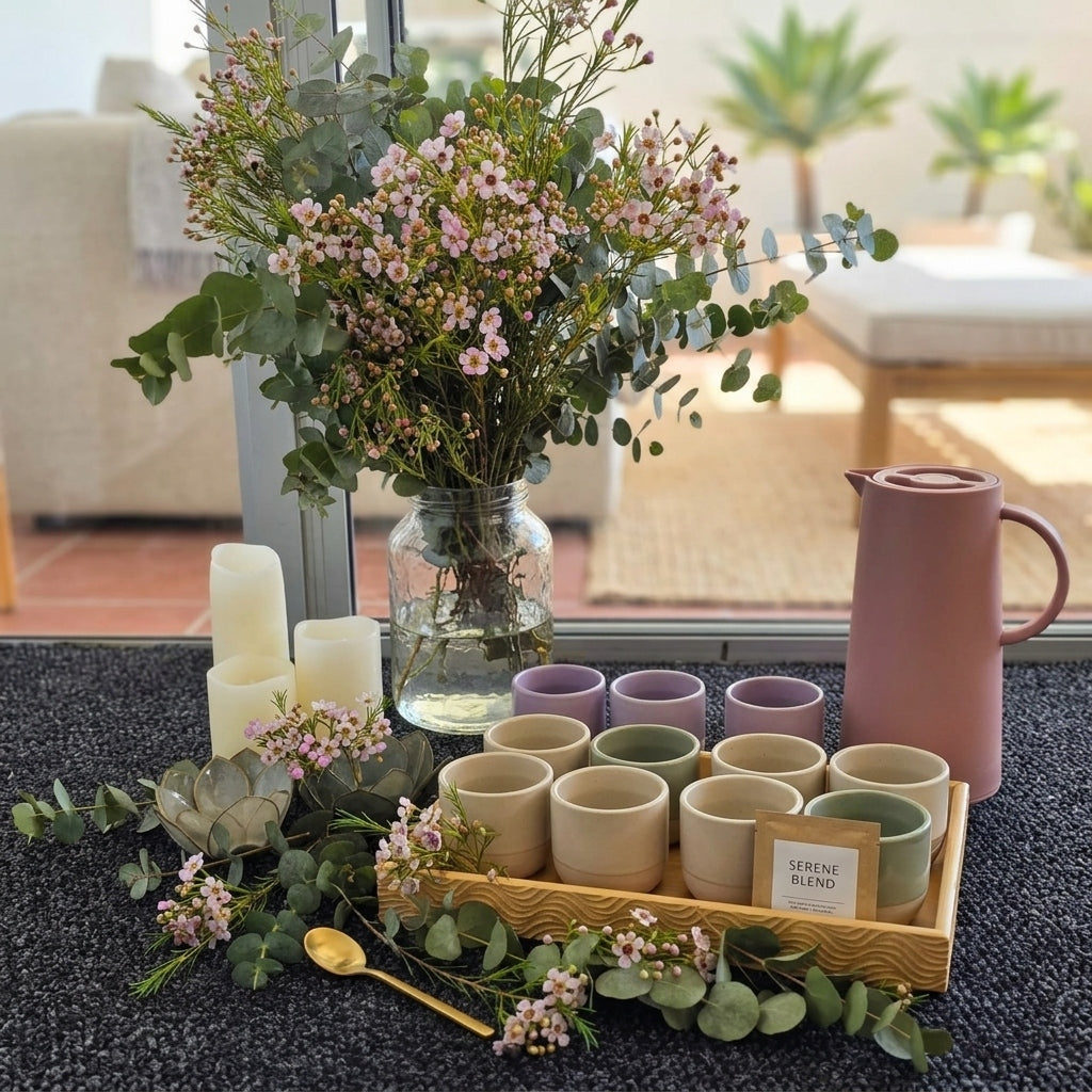 Cacao ceremony setup with ceramic cups, candles and fresh flowers
